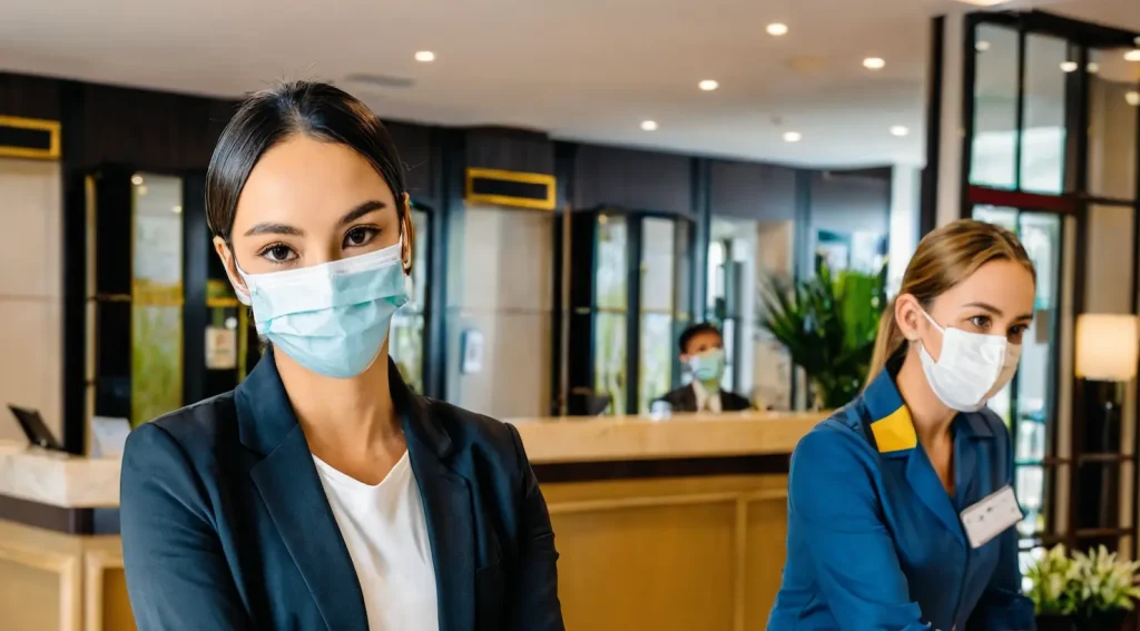 A hospitality worker at a hotel reception desk, wearing a mask and gloves, assisting a guest. The setting should be modern, highlighting the safety protocols implemented during the pandemic.